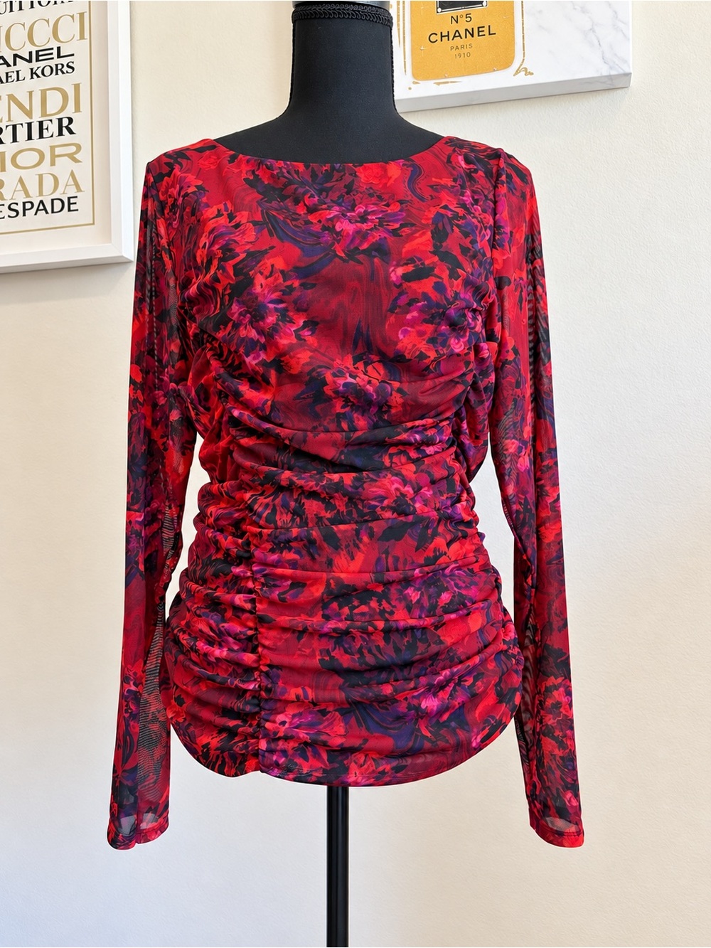 WHBM White House Black Market Floral Ruched Mesh Top Red Size L NWT